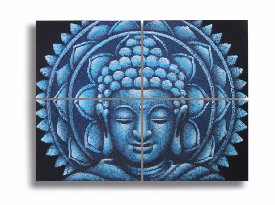 Lienzo azul de Buda en mandala, arte espiritual que inspira calma y contemplación.